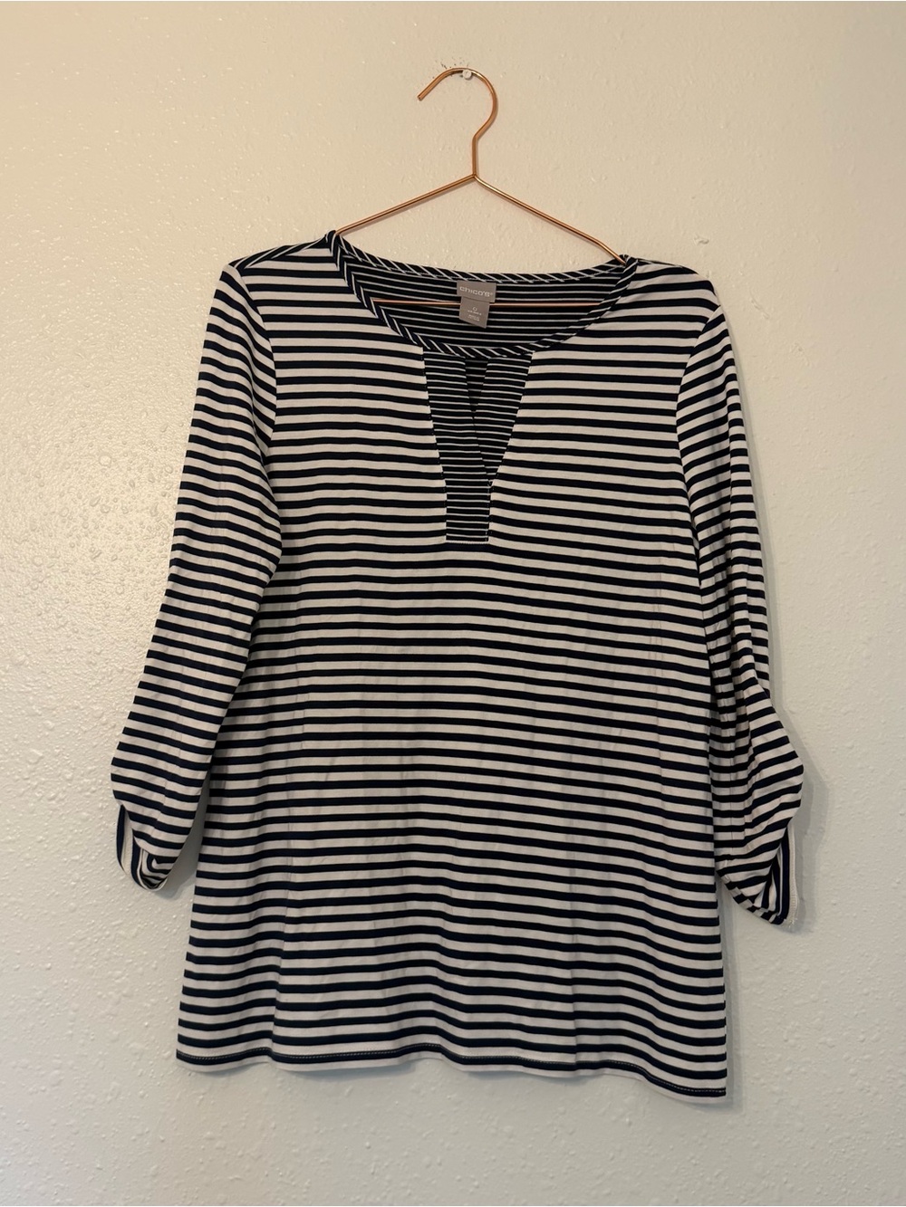 Chico's Navy and White Striped Notch-Neck Top